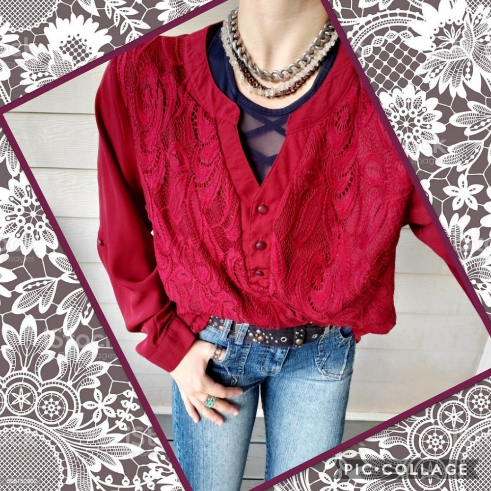 Rotita Red Burgundy Lace Overlay Long Roll-tab Sleeve V-neck Henley Tunic Top